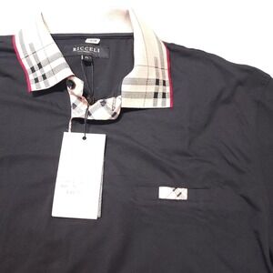 Ricceli Mens XL Black Stretch Polo Shirt NWT Plaid Collar Cotton Spandex